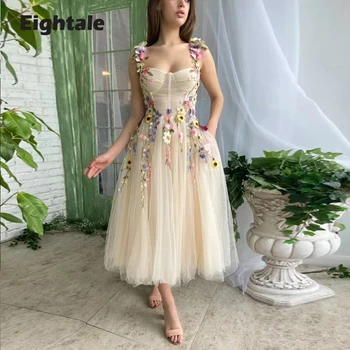 Eightale Kız balo kıyafetleri ile 3D Çiçekler A-Line Çay Boyu Tül Spagetti Askı Backless Bahçe Parti Elbisesi Cepler ile