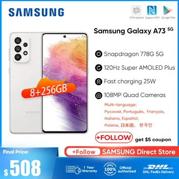 Samsung Galaxy A73 A736BDS 5G Smartphone Snapdragon 778G 5000mAh Pil 120Hz Süper AMOLED Artı 108MP Dört Kameralar Cep Telefonu