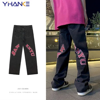 High Street Print Black Jeans Men's Y2K Straight-leg Pants Loose Wide-leg Jeans Hip-hop Style Men's Trousers джинсы для мужчин
