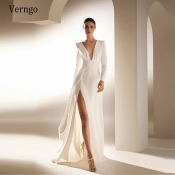 Verngo 2021 Basit Beyaz Fildişi Yumuşak Saten Abiye Uzun Kollu V Boyun Yan Yarık Kadınlar Modern Örgün Parti Kıyafeti Özel