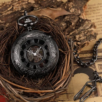 Siyah Romen Rakamları Mekanik cep saati Erkekler Kadınlar Oyma Retro Şeffaf Cam Zincir Lüks vintage saat
