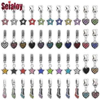 Seialoy 9 Renkler Rhinestone Kalp Yıldız Dangle Kristal Ayakkabı Charm Fit El Yapımı Bilezik ve Kolye Aksesuar Hediyeler 2 adet / grup