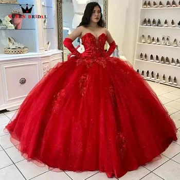 15 Parti Seksi Kırmızı Balo Quinceanera elbise Straplez Tül 3D Çiçek Resmi Külkedisi Doğum Günü lüks VF26
