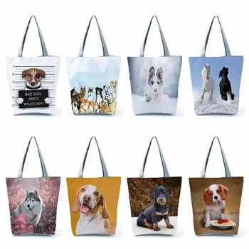 Tote Çanta Sevimli Köpek Hayvan Baskı Kolu Yeniden kullanılabilir omuz çantaları Özelleştirilebilir Kadın Rahat Çanta İş Günlük Büyük Tur Tote