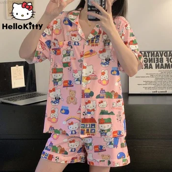 Sanrio Hello Kitty Karikatür Pamuk Kısa Pijama Setleri Kadın Sonbahar Pijama Takım Tatlı Ve Güzel Kadın Gecelik Ev Giyim