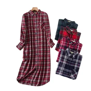 Uzun Kollu Uyku Gömlek Kıyafeti Elbise Kadın Ekose Çok Renkler Artı Boyutu Gömlek Gecelik Hırka Nighty Bayanlar için
