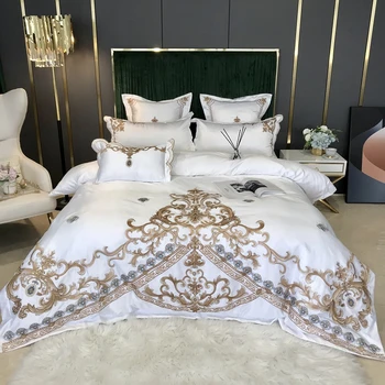 Lüks Altın Nakış 60S Saten pamuk yatak seti Kraliçe Kral Yorgan yatak örtüsü seti yatak çarşafı Veya Çarşaf Yastık Kılıfı Ev Tekstili