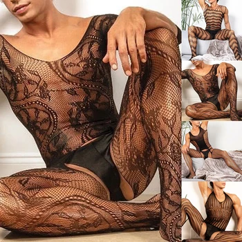 Erkekler Fetiş Dantel İç Çamaşırı erkek Vücut Çorapları Adam Fishnet Bodysuits Crotchless İç Çamaşırı Sissy Tulum Erkek Erotik Pijama