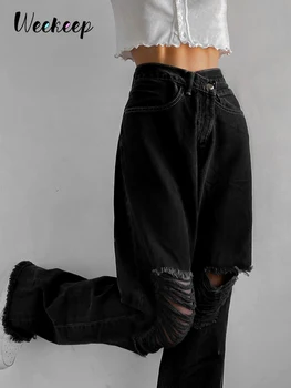 Weekeep Yeni Moda Delik Yüksek Bel Kot Femme Pantalon 90s Vintage Streetwear Gevşek Kore Pantolon Joggers Kadın Kot Pantolon