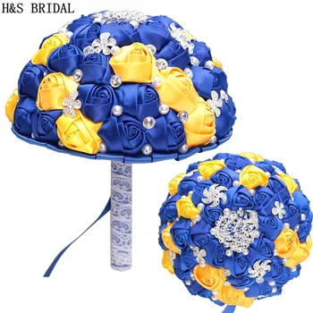 H & S GELIN Mavi ve sarı Düğün Çiçekleri Kristaller Gelin Buketleri Yapay Düğün Buketleri buque de noiva 2020
