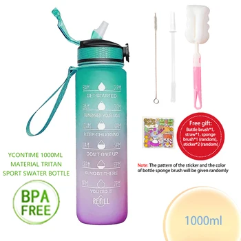 YCONTIME 1000ML Spor Su Şişesi Sıçrama Kapaklı Zaman Ölçeği Buzlu Sızdırmaz Tritan Plastik BPA Ücretsiz açık alan sporları
