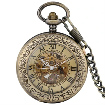 Erkekler Otomatik mekanik saatler Retro Bakır Kendini Sarma Zinciri Romen Rakamları Şık Hediyeler Lüks Kolye Kadın cep saati