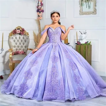 Lavanta Prenses Balo Quinceanera Elbise Aplike Kristal Tatlı 16 Elbise Dantel-up Boncuk Doğum Günü Vestidos De 15 Anos