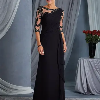 Siyah Akşam Anne Gelin Elbiseler 3/4 Kollu Aplikler Şifon Kraliyet Mavi Anne Düğün Parti Konuk Balo abiye