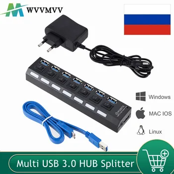 WvvMvv USB 3.0 Hub USB3. 0 Hub Çoklu USB Splitter 3 Hab Kullanımı Güç Adaptörü 7 Port Çoklu Genişletici 3.0 USB Hub Anahtarı ile PC İçin