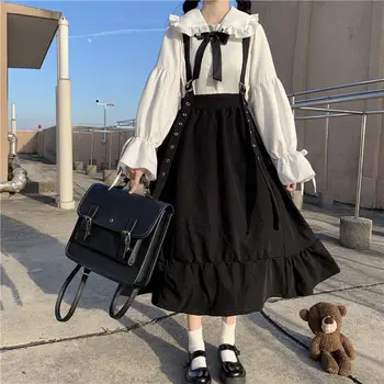 Japon Üniversite Öğrencisi okul üniforması Yüksek Bel Orta Uzunlukta Ruffled Strappy Siyah Etek Beyaz Bluz Gömlek Tatlı Lolita Elbise