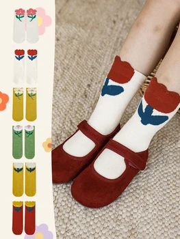 Kızların Sonbahar Yeni Orta Tüp Çorap Sevimli Üç Boyutlu Çiçek Jakarlı Bebek Karikatür Nefes Elastik Örme Çorap