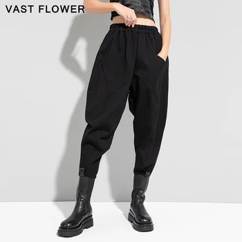 Patchwork Cep Siyah harem pantolon Kadınlar Yeni Yüksek Elastik Bel Rahat Gevşek Vintage Pantolon Kış 2020 Moda Streetwear