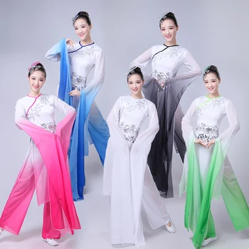 Çin Halk Dansları Klasik Dans Kostümleri Kadın Su kollu Performans Giyim Kızlar Uzun Kollu Yangko Dans Kostümleri