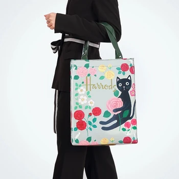 PVC Londra Tarzı Çiçek Alışveriş Çantası Su Geçirmez Çanta yemek taşıma çantası omuzdan askili çanta Kullanımlık alışveriş çantası kadın Çantası