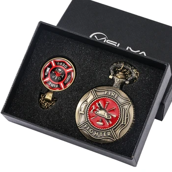 Benzersiz Kırmızı İtfaiyeci Kuvars cep saati kutu seti Punk İtfaiyeci Kolye Kolye En İyi Saat Hediyeler kutu seti s İtfaiyeciler için