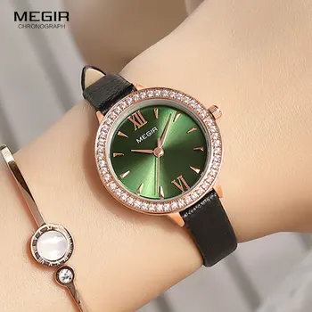 MEGIR Yeşil İzle Kadınlar Lüks Basit kuvars saatler Bayan Hakiki Deri Bilezik Kol Saati Kadın Saat Relogio Feminino 4210