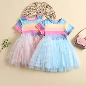 2022 Kızlar yaz elbisesi Çizgili Örgü Patchwork Yuvarlak Boyun Kısa Kollu Rahat Prenses Elbiseler Çocuklar için 1-6Y