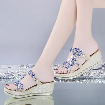Bling Kadın Sandalet yaz Moda yüksek topuklu sandalet Kristal Rahat Bayan yüksek topuklu ayakkabı taklidi terlik #0626