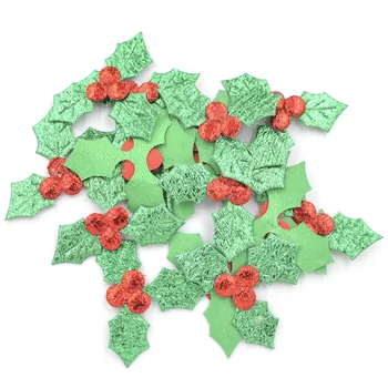 Toptan 300 Adet Glitter Yeşil Holly Yaprak ve Kırmızı Berry Kumaş Aplike Noel Dekorasyon için, masa Süsleme Aksesuarları K64