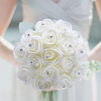 10-30 adet Beyaz Yeşil PE Köpük Gül Buket yapay çiçek için Elmas ile Düğün Buket Parti Ev Dekorasyon Sahte Çiçekler