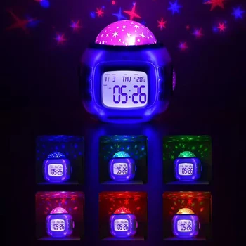 Benzersiz çalar saat Çocuk Bebek Odası Müzik Yıldızlı Gökyüzü Projeksiyon Gece ışık projektör Renk değişimi Başucu Lambası Saat Takvim