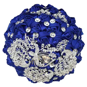 Sıcak Satış El Yapımı Düğün Gelin Buketi İle Rhinestone İpek Gül Kraliyet Mavi Bridesmiad Çiçekler Evlilik Malzemeleri W290