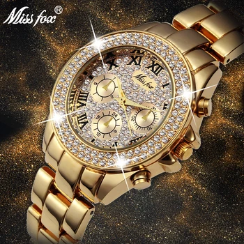 MISSFOX Kadın Saatler Klasik Roma Numaraları Sahte Çoklu Zaman Dilimleri quartz saat Kadın Moda Rahat Altın Bling Bayanlar İzle