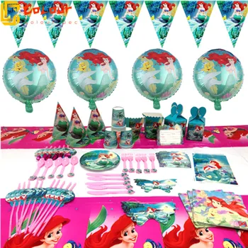 Disney Denizkızı Ariel Tema Doğum Günü Partisi Dekorasyon Çantaları Kağıt Tabak Bardak boynuz Balon Tek Kullanımlık Sofra Bebek Duş Kaynağı