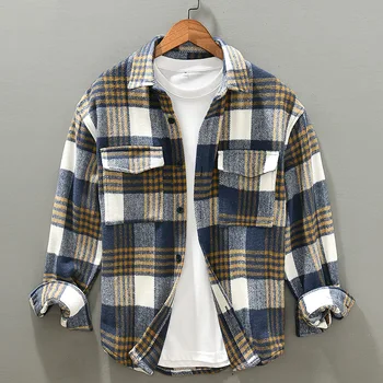 16013 Kış Sonbahar Yeni Moda Rahat Gevşek Ceket Erkekler Çift Cep Yaka Ekose Ceket Uzun Kollu Vintage Bluz Günlük Klasik Üstleri