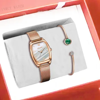 Kadın Saatler Moda Kare Bayanlar quartz saat Bilezik Seti Yeşil Kadran Basit Gül Altın Örgü Lüks Kadın Saatler