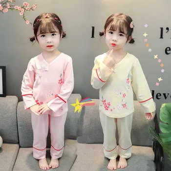 Bebek Kız Pijama Seti Çocuklar Çiçek Baskılı Üstleri + pantolon 2 adet Takım Elbise Sonbahar Kış Çocuk çocuk giyim Takım Elbise Çin Tarzı Hanfu