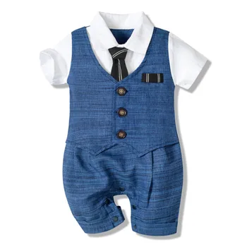 3 6 12 18 24 M Yenidoğan Bebek Erkek Romper 2022 Yaz Beyefendi Bebek Tulum Düğme Romper Bebek Kıyafetleri Takım Elbise Erkek Resmi Giysi