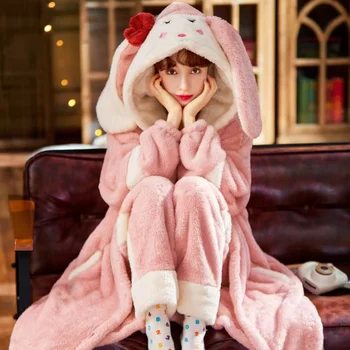 Tatlı Sevimli Pijama Setleri Pazen Yumuşak Gevşek Pijama Kapşonlu Kadın kışlık pijama Sıcak Kalınlaşmak Ev Tekstili