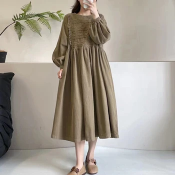 Johnature Yeni Vintage Patchwork Dantel Kadife Kadın Elbise 2022 Sonbahar Kış Japon Gevşek Düz Renk kadın elbisesi
