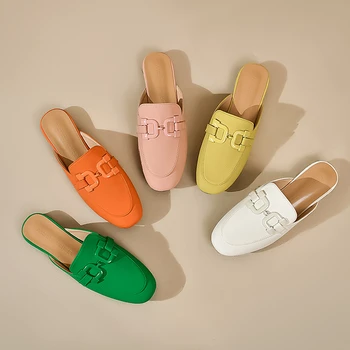 Kadın Katır Ayakkabı 2022 Yeni Marka Tasarım Kapalı Toe Slip-on Sandalet Bayanlar Pembe Slaytlar Açık Düz Terlik Zincirleri