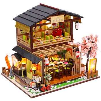 DIY Ahşap Dollhouse Japon Suşi Bar Mimari Bebek Evleri Minyatür Mobilya Oyuncaklar Çocuklar için Arkadaş doğum günü hediyesi
