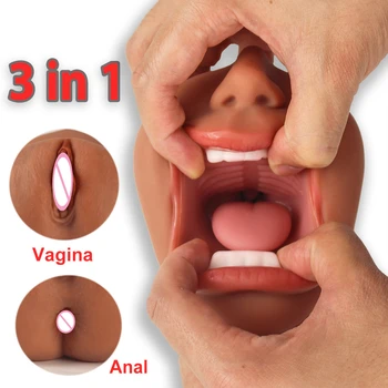 3 in 1 Gerçek Derin Pussy Boğaz Seks Oyuncakları Erkekler Kadınlar için Vajinal Oral mastürbasyon kupası Erkek Masturbator Gerçekçi Vajina Anal Ağız