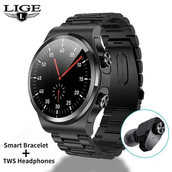 LIGE akıllı saat Erkekler TWS Kulaklık Kalp Hızı Kan Basıncı oksijen monitörü saatler Bluetooth çağrı müzik kontrol cihazı Kadın Smartwatch