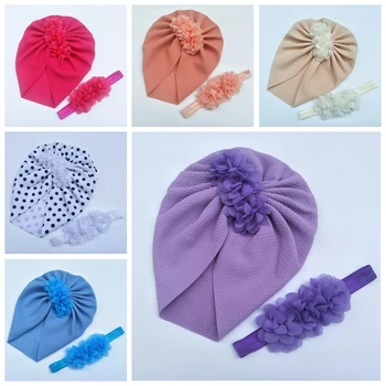 Butik El Yapımı Çiçekler Şapka ve saç bandı seti Moda Noktalar Bebek Kap Düz Renk Çiçek Elastik Hairband çocuk saç aksesuarları