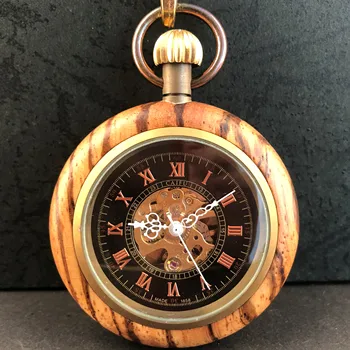 Vintage Ahşap Mekanik cep saatleri Kişiselleştirilmiş El sarma Erkek Steampunk Cep fob İzle Zinciri ile Hediyeler