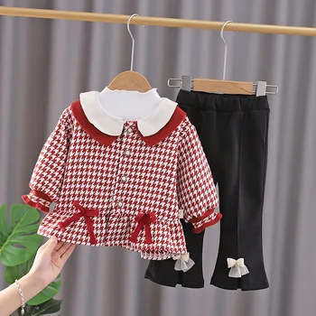 LZH 2022 İlkbahar Sonbahar Toddler Kız Seti Moda Ekose Ceket + Gömlek + Pantolon 3 Parça Takım Elbise Cadılar Bayramı Kostüm Çocuklar İçin Kıyafetler 1-5 Yıl