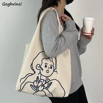 Basit Karikatür Alışveriş Çantaları Kadın Anime Grafik Koltukaltı Çanta Tuval Büyük Kapasiteli Retro Çevre Sevimli İhale Taşınabilir