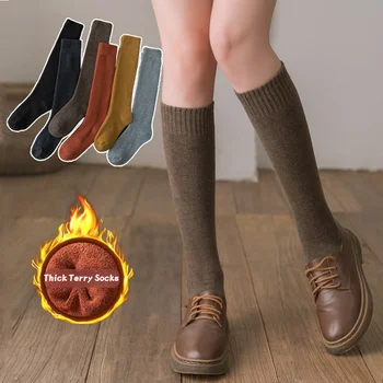 Kış Uzun Tüp Kalın uzun tüp Çorap Diz Boyu Çorap Pamuk Artı Kadife Termal Çorap Havlu Düz Renk kadın Buzağı Çorap