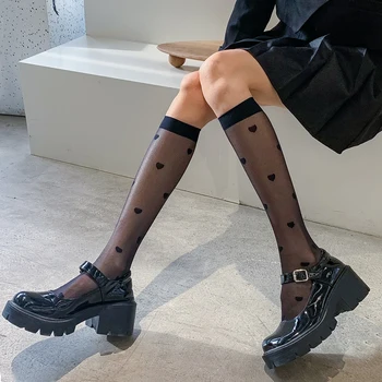 Lolita Tarzı JK Kadın Çorap Tatlı Kız Kalp Baskı Japon Kawaii Sevimli Uzun Çorap Kadın Yaz Ultra ince diz üstü çorap